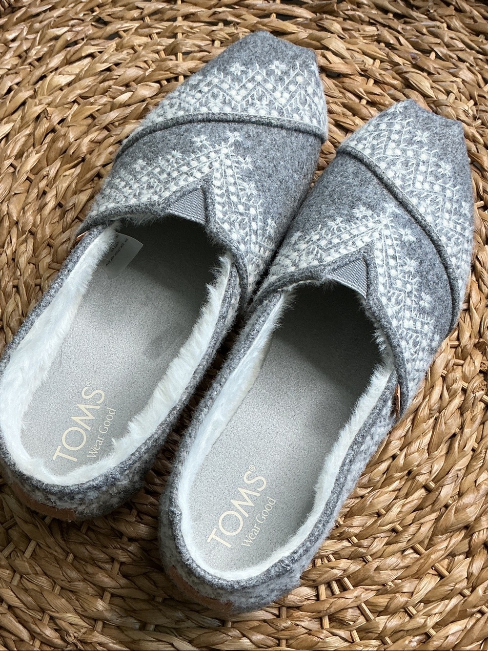 TOMS Gray Patterned Wool Slip-On Flats with Faux Fur Lining